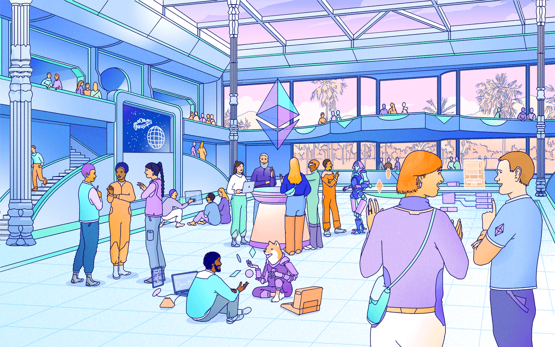 Illustration of futuristic Ethereum community center